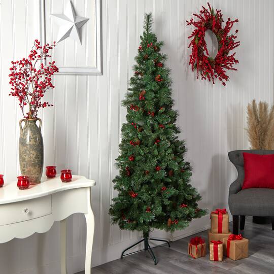 7ft. Pre-Lit Flat Back Montreal Mountain Pine Artificial Christmas Tree, White LED Lights